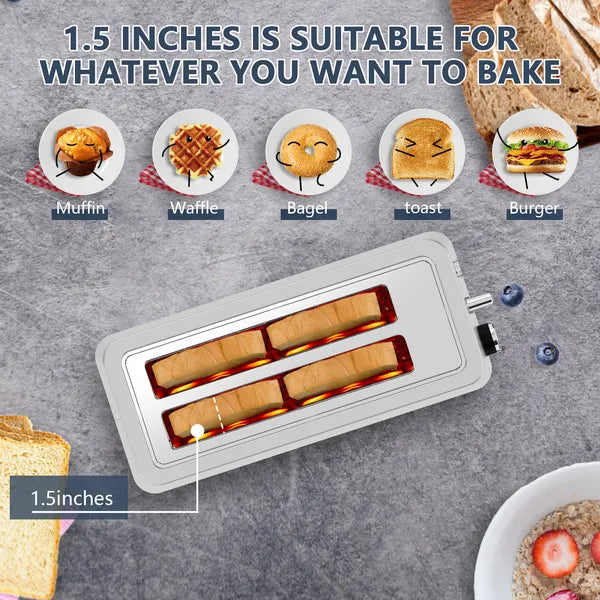 4-Slice Toaster, Extra Wide Long Slot Toaster, 6 Browning Settings, Bagel/Defrost/Reheat Functions, Removable Crumb Tray, Upgraded Stainless Steel, Silver