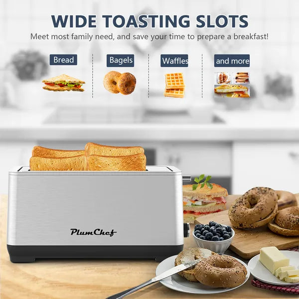 4-Slice Toaster, Extra Wide Long Slot Toaster, 6 Browning Settings, Bagel/Defrost/Reheat Functions, Removable Crumb Tray, Upgraded Stainless Steel, Silver