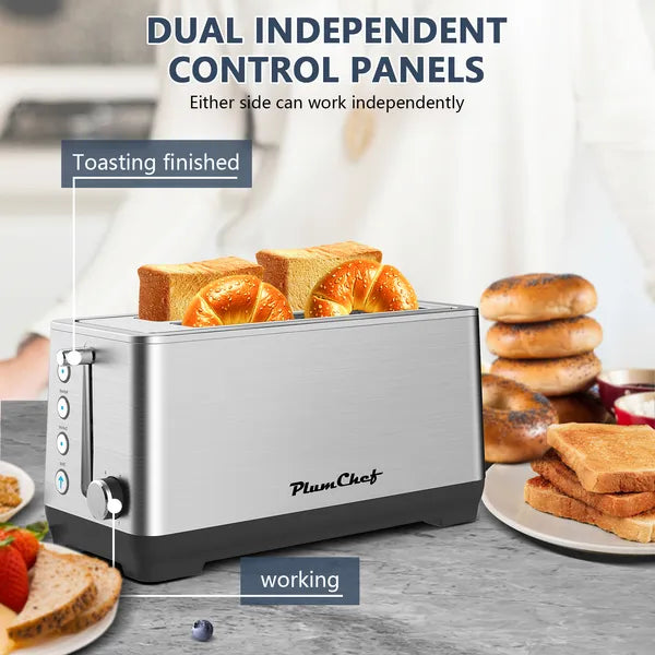 4-Slice Toaster, Extra Wide Long Slot Toaster, 6 Browning Settings, Bagel/Defrost/Reheat Functions, Removable Crumb Tray, Upgraded Stainless Steel, Silver