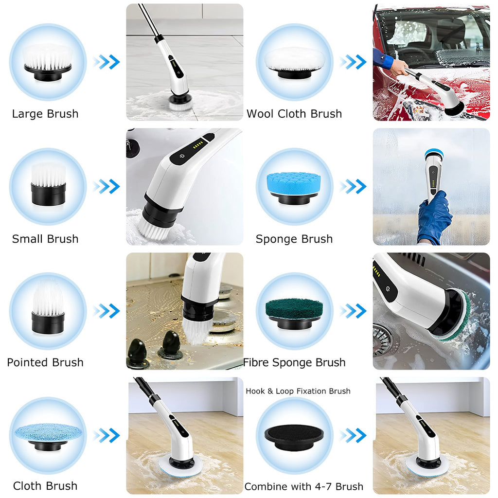 1Pc Electric Spin Scrubber Cordless Rechargeable Telescopic Cleaning Brush 8 Replaceable Heads 2 Speed Adjustable Extension Arm Bathroom Tub Tile Floor